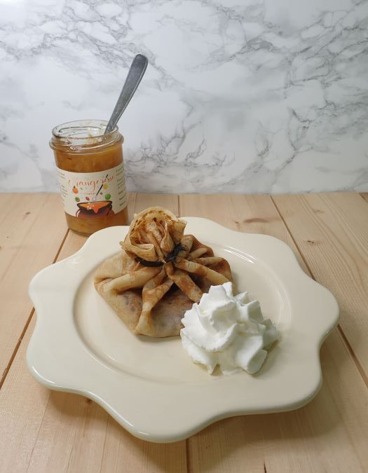 Aumônière aux pommes, chocolat et confiture d&rsquo;orange