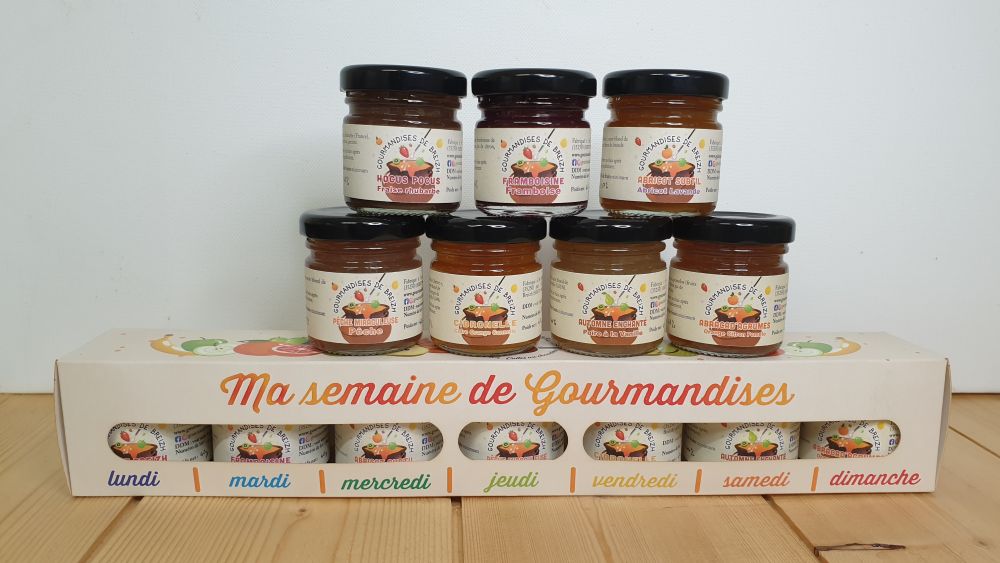 Etui "Ma semaine de gourmandises - 4 saisons". 7 petits pots de gelée de fruits et confiture